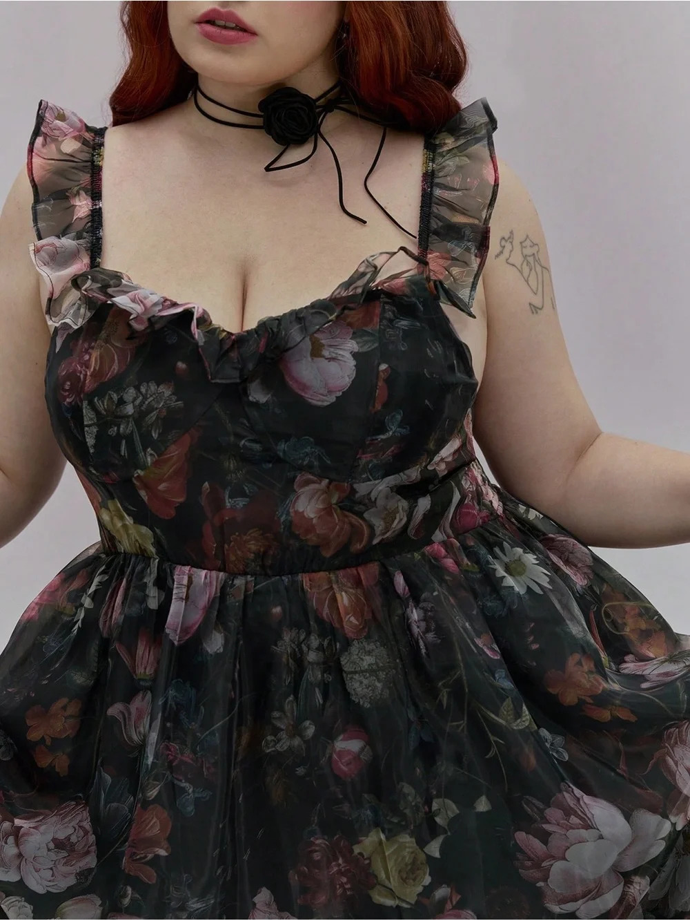 ROMWE Black Sheer Floral Tiered Dress with Pink and Orange Blooms - Picture 7 of 7